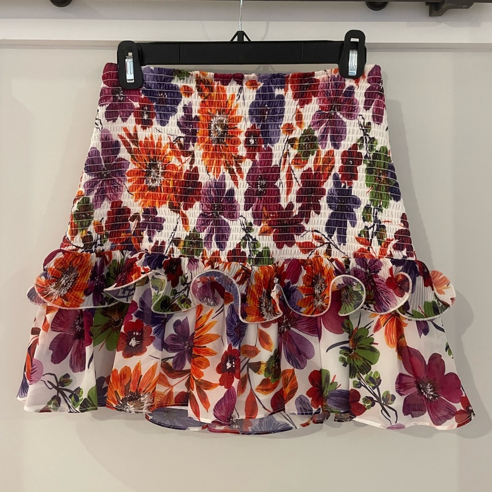 Milly Floral Ruffled Mini Skirt - White with Purple & Orange Flowers size 4